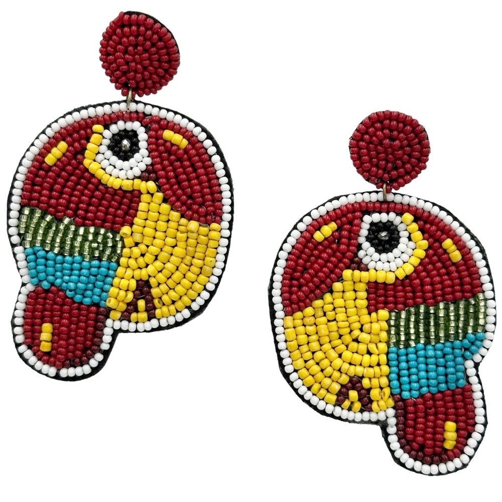 Quirky Red Bird Beaded Post Drop Statement Earrings